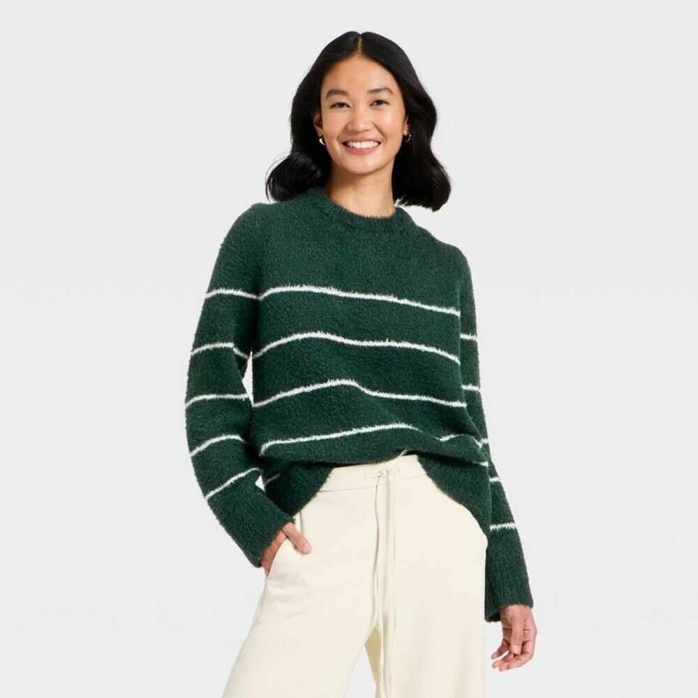 Women's Long Sleeve Fuzzy Pullover Sweater - A New Day Green Striped XS